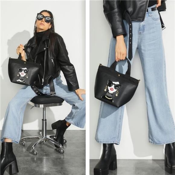 Quirky Lady Face Handbag - PU Leather Satchel, Top Handle Shoulder Bag - Picture 3 of 6